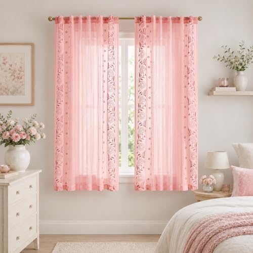 Image of jinchan Pink Sheer Curtains 63 Inch, Embroidered Floral, Light Filtering, 2 Panels for Girls Room & Nursery, Bedroom, Dorm, Living Room