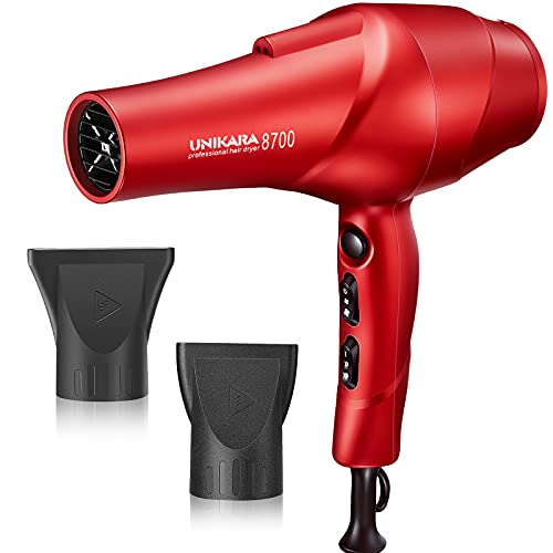 Ionic Hair Dryer, 2000W Professional Hair Blow Dryer Salon, Quiet Ceramic Hairdryer, Lightweight Tourmaline Hair Dryers for Women Men, Powerful AC Motor, 2 Concentrator Nozzle Attachments UNIKARA-Red