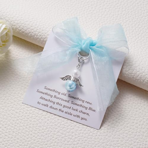 Image of MIXJOY Something Blue Gift for Bride, Wedding Day Bridal Blue Pearl Angel Wings Bouquet Garter Charm for Bride to Be