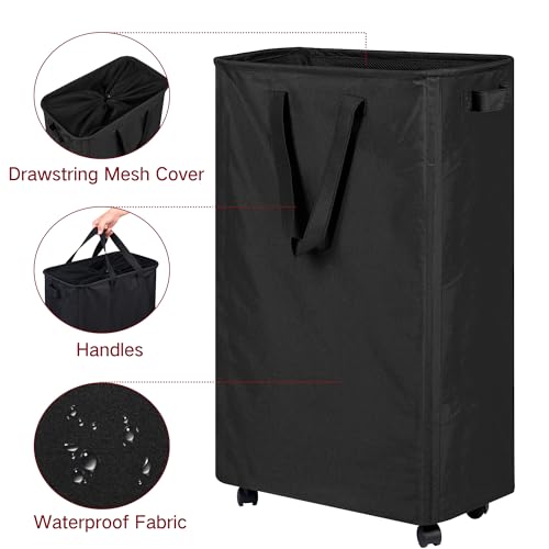 efluky Slim Rolling Laundry Basket for Clothes, Bedroom & Dorm (Black, 75L)
