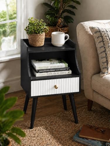 Image of ETIQUETTE ART Modern Fluted Nightstand with Drawer and Open Storage Shelf, Bedside Table with Round Edge, Boho Night Stand with Solid Wood Legs & Knob Handle End Table for Bedroom (Black&White)