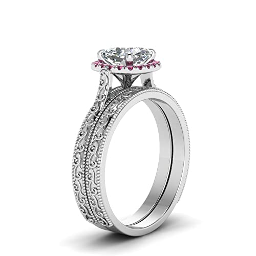 Image of Choose Your Gemstone Hand Engraved Halo Cushion Wedding Ring 925 Sterling Silver Cushion Shape Wedding Ring Sets Matching Jewelry Wedding Jewelry Easy to Wear Gifts US Size 4 to 12