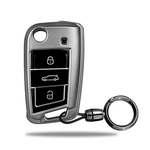 Image of SIAGO TPU Key Cover and Round Key Chain Compatible with Skoda & Volkswagen Cars Kylaq | Slavia | Kushaq | Octavia | Virtus | Taigun | Tiguan | T ROC 3 Button Flip Key (Grey)