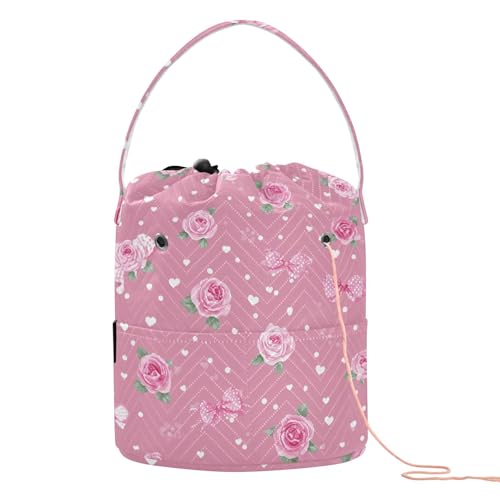 Image of ElliTarr Crochet Bag Yarn Bag with Handle Portable Knitting Project Bag Travel Yarn Storage Organizer Holder Case Pink Valentine Heart Roses Bows