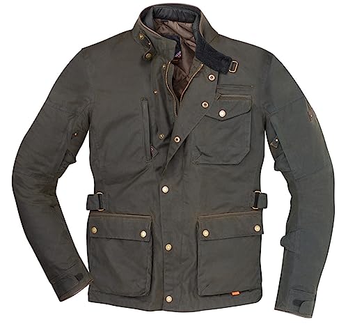Veste moto Merlin Monty D3O en coton ciré de couleur olive taille grande 4XL