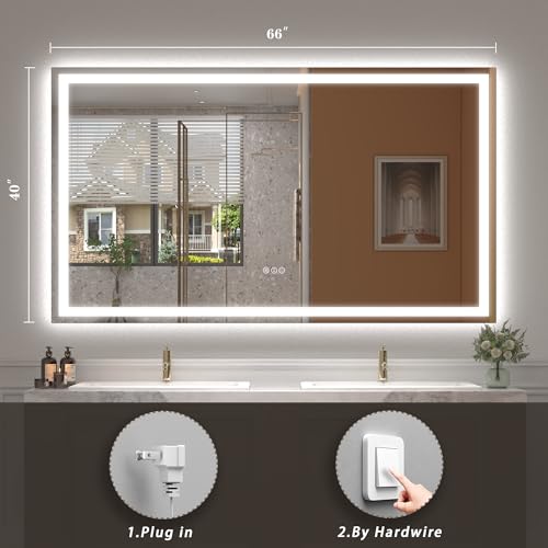 Image of 66x40 inch Large LED Mirror for Bathroom, Lighted Vanity Mirror for Wall, Dimmable, Anti-Fog, Shatter-Proof, ETL Listed (Front Lights + Backlit)