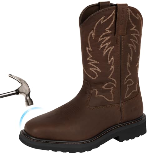 Cowboy Boots for Men with Steel Toe & Shank, Leather Anti Slip Square Toe Work Boots Western Men's Brown Boots for Manufacturing, Construction, Farming, Size 7-14 Dark Brown 11