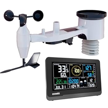 Ecowitt Estación meteorológica Wi-Fi Array 7 en 1 Jardín Sensor Solar Inalámbrico Exterior WS69 + 3 en 1 Casa Interior 7,5 Pulgadas Pantalla LCD Color Pantalla Grande Sistema de Monitoreo del Tiempo: Sensor exterior inalámbrico WS69 multifuncional: equipado con termohigrómetro, pluviómetro, sensor de velocidad del viento, sensores de dirección del viento, sensor de luz y UV, panel solar. El WS69 puede funcionar con 2 pilas AA (no incluidas) y ene...