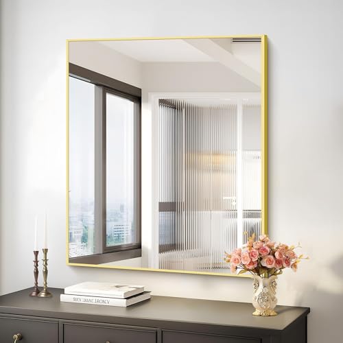 Image of COFENY Gold Bathroom Mirror for Wall, 30x36 Inch Rectangle with Metal Frame, Modern Vanity for Bathroom Living Room, Entryway Hangs Horizontal or Vertical