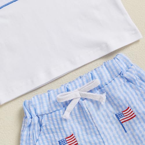 Image of Kayotuas Fourth Of July Toddler Boy Outfit Baby American Flag Clothes Patriotic Shirt Striped Gingham Shorts 2Pcs Summer Sets