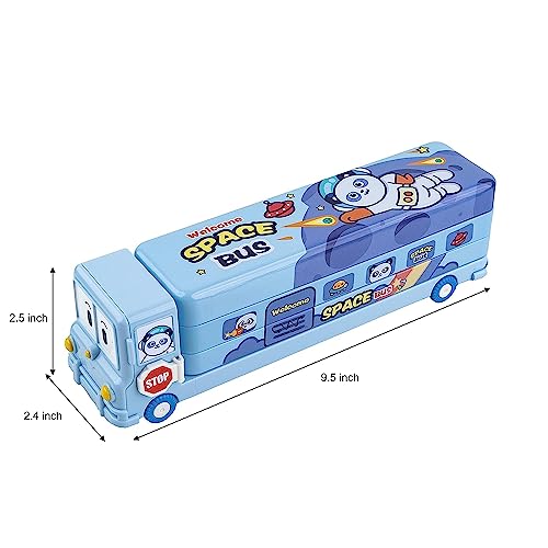 Image of LONGMIRE Plastic Space School Bus Shaped Pencil Box for Kids with Wheels and Sharpener Metal Bus Pencil Box for Boys Multicolor