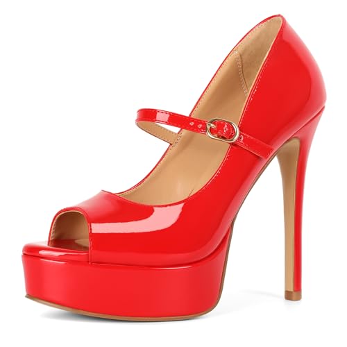 Image of SAMMITOP Women's Peep Toe High Heels Platform Stiletto Pumps Patent Mary Jane Heels 5.5 inch Party Wedding Dress Shoes