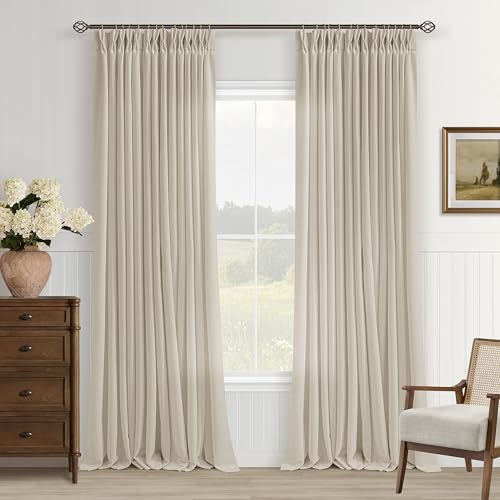 Image of Oatmeal Pinch Pleated Semi Sheer Linen Curtains 105 Inch Long for Bedroom | Neutral Warm Beige, Dining Room, Flax Linen Textured, Hook Rings Memory Shape, Farmhouse Cottage, Light Filtering Semi Sheer