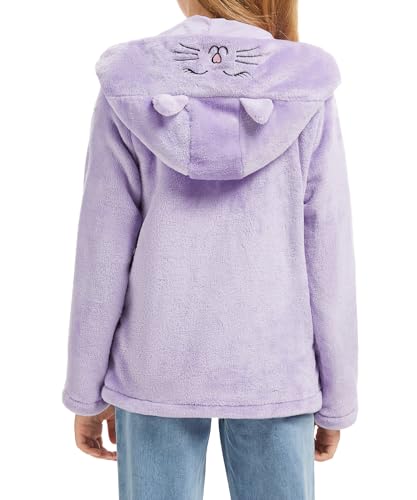 Image of Lupieiae Girls Fleece Jacket Cute Cat Embroidered Coat With Cat Ears Autumn Winter Warmth Hooded Outerwear, Purple, 7-8 Years