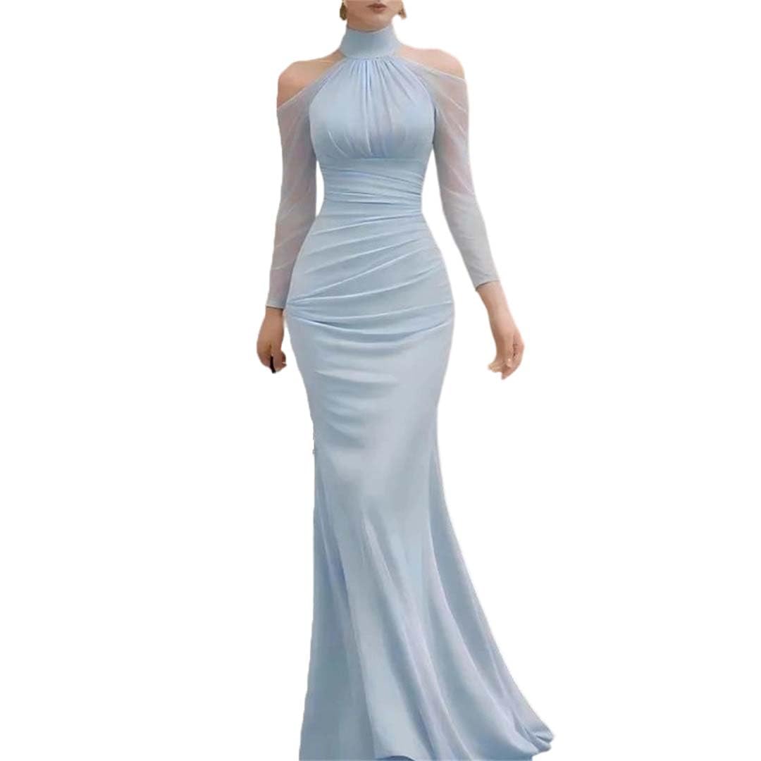 Vestido largo de fiesta para mujer, sexy, con hombros descubiertos, manga larga, hueco, liso, drapeado, ajustado, para fiesta