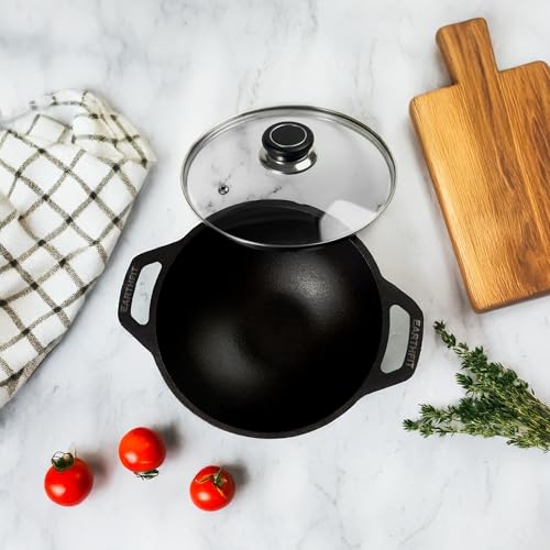 Image of EARTHFIT Cast Iron Kadai 8 Inches with Twin Handles | Durable Iron Kadhai for Cooking and Deep Frying | Pre-Seasoned Kadai Cast Iron for Healthy Cooking