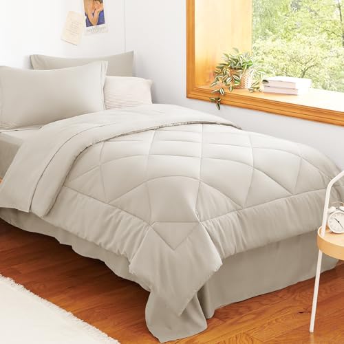 Image of CozyLux Twin Comforter Set with Sheets Beige - 5 Pieces Bed in a Bag Twin, All Season Bed Set for Girls and Boys, Bedding Set with Down Alternative Comforter, Sheets, Pillowcase & Sham