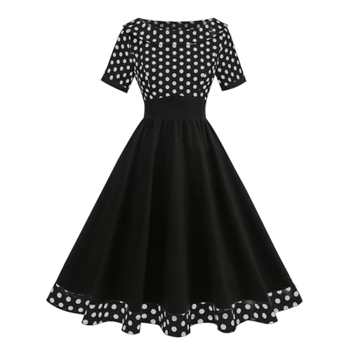 Image of Women's Boat Neck Polka Dot Cocktail Midi Dress Vintage Retro 1950s Style Swing Tea Length Wedding Guest Party Dresses