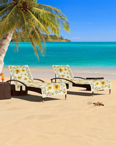 Sunflower Beach Chair Cover with Side Pockets, Microfiber & Quick Dry Pool Chaise Lounge Chair Towels Covers for Sun Sunbathing Patio Garden Hotel, Yellow Bee Floral Spring Summer Country Pastoral