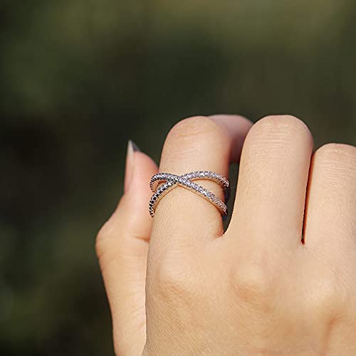 929 Sterling Silver Simple and generous cross ring crossover ring with zirconium diamond ring Gem Ring Cubic Zirconia Rings CZ Diamond Multi Row Ring Eternity Engagement Wedding Band Ring for Women 103