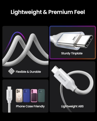 Image of Silkland USB 4 Cable for Thunderbolt 4 [6.6FT /2M], 40Gbps Data Sync, 8K /5K@60Hz, 240W Fast Charging, USB C Thunderbolt Cable, Compatible for MacBook, iPhone 16, iPad, SSD, Docking, eGPU, White