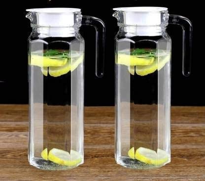 Image of IndusBay Set of 2, 1100 ml Glass Jug Pitcher with Plastic lid Iced Tea Pitcher Water jug hot Cold Water ice Tea, Milk and Juice Beverage Carafes 1.1 LTR Each, Transparent