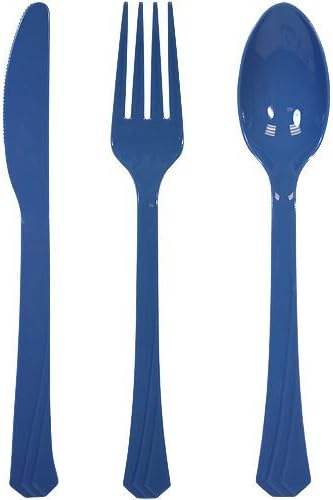 Tiger Chef Plastic Cutlery Set Heavy Duty Colored Plastic Silverware - Includes 32 Forks, 32 Teaspoons, and 32 Knives (Blue, 96)