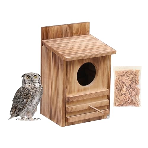 Large Owl House Outdoor (15x9x7.6 in) - Carbonized Cedar Nesting Box w/Wood Shavings | Easy Assembly Wildlife Habitat for Gardens, Backyards
