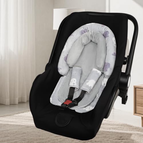 Image of Baby Car Seat Head Support with Extra Headrest, 2-in-1 Babybody Supports with Shoulder Pads Set for Newborn, Adjustable Infant Car Seat Insert Compatible with Stroller, Baby Swing, (Grey Elephant)