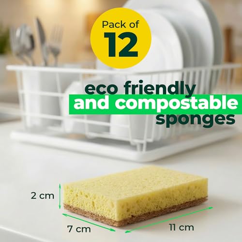 bioGo 12 Pack Natural Biodegradable Kitchen Sponges - Eco-Friendly, Compostable, Cellulose Dish - Compostable - Biodegradable - Cellulose Sponge