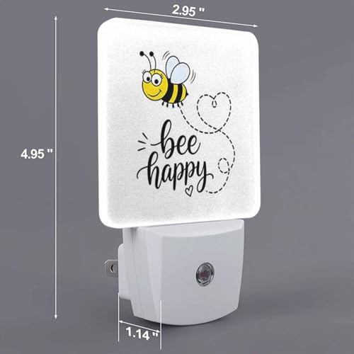 Image of LED Night Light,Bee Happy Funny Text Quote Cute Fat Bee LED Night Light Plug into Wall with Dusk to Dawn Light Sensor White Energy Efficient Nightlight for Bedroom Bathroom Hallway Living Room Kitchen