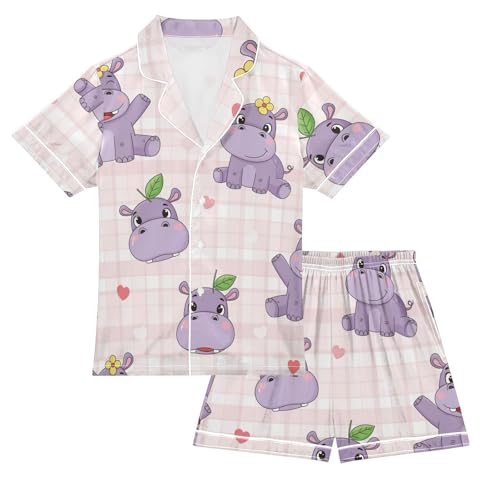 Satin Pajama Sets Short Sleeve Cute Hippo Pattern Design Button Down Silky Nightwear 2 Piece PJS 5-14Y