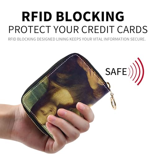RFID Blocking Credit Card Holders Leather Women's Wallet Zip Around Zipper Coin Purse with Key Ring Leonardo da Vinci Mona Lisa La Gioconda2