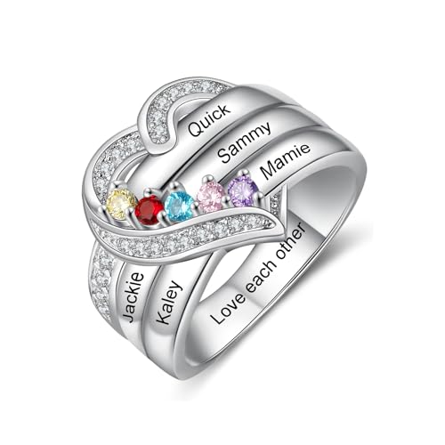 kaululu Bague Personnalisée Argent 925 pour Femme Bague Prénom avec Pierre de Naissance pour Maman, Mamie, Couple Cadeau pour Fête des Mères, Noël,...