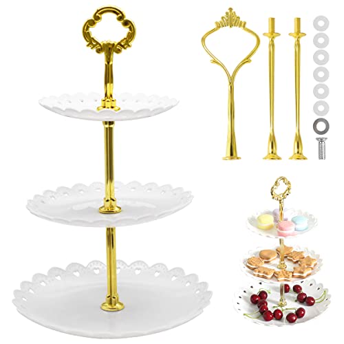 Soporte Tartas de 3 Niveles,CHENKEE Soporte Postre de Plástico de 3 Niveles Soporte de Magdalenas Mesa Exhibición de Dulces Frutas con 1 juego de asas repuesto para bodas té de la tarde ​y cumpleaño Cover