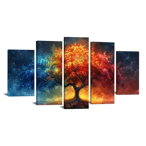 Arbre de vie decoration murale maison grand tableau rouge salon de 5 pièces 100x200cm