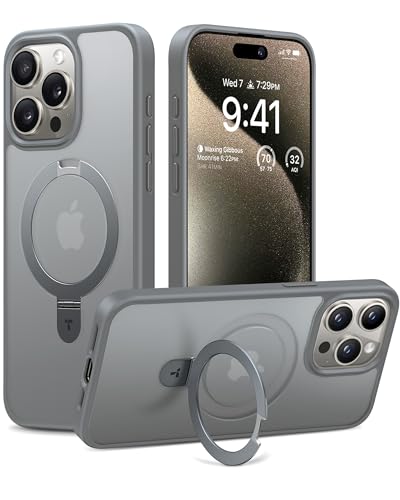 TORRAS Ultra Magnetic Ostand for iPhone 15 Pro Case [Fit for MagSafe] [Sturdy Stand & Ring Holder] Mil-Grade Shockproof Matte Anti-Scratch Slim Protective Kickstand Phone Case, Natural Titanium 6.1"