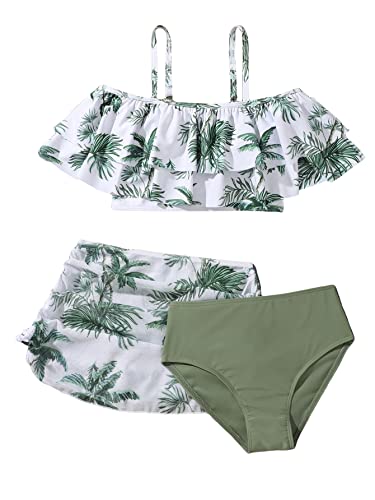 Verdusa Girl's 3 Piece Swimsuit Bathing Suit High Waist Bikini Sets with Cover Up