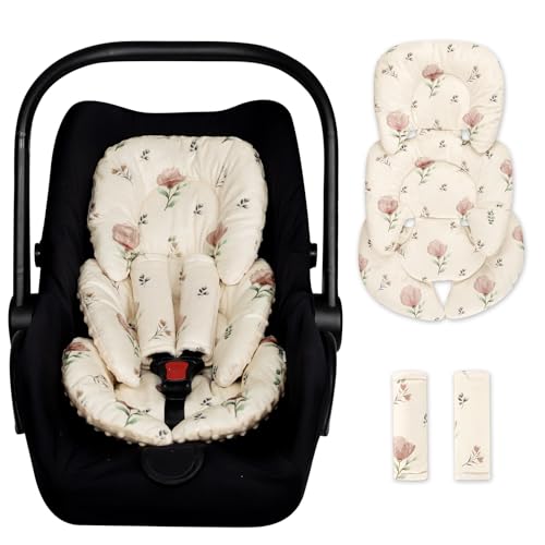 Image of Infant Car Seat Insert with 2 Strap Pads, Super Soft Carseat Head and Body Support for Baby Boys and Girls, Reversible Newborn Car Seat Insert Cushion for Strollers, Bouncers, Swing, Simple Flowers