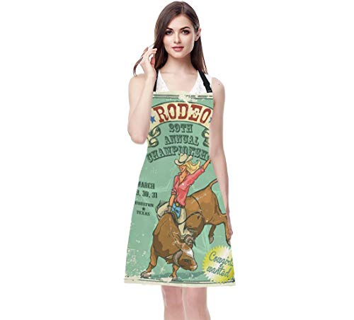 Wondertify Rodeo Cowgirl Riding Apron,Girl Riding A Bull Blue Retro Style Poster Bib Apron With Adjustable Neck For Men Women,Suitable For Home Kitchen Cooking Waitress Chef Grill Bistro Baking Apron #TOP5