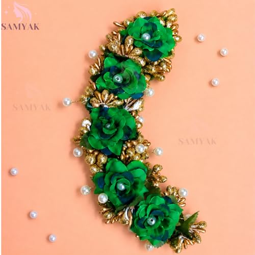 Image of Samyak Beautiful Hair Gajra Garland Handmade Floral Wedding Bridal Bridesmaid Hair Jewellery Bun | Juda Accessory | Tiara | Hair Vine | Hair Accessory | Hair Pin Clips Veni (Dark Green)