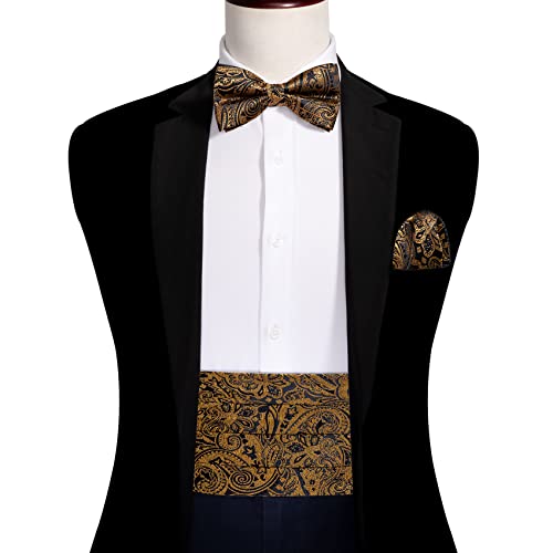 Image of YOHOWA Men Cummerbund Bow Tie Set Silk Paisley Formal Pre-Tied Bowtie Pocket Square Cufflinks Wedding Party Prom