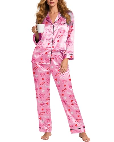 Image of Silky Pajamas for Women 2 Piece Long Sleeve Pj Sets Women's Satin Sleepwear Button Down Loungewear Set
