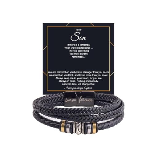 Image of To My Son /Grandson Bracelet From Mom Grandmother, Forever Linked Together Black Braided Leather Infinity Knot Inspirational Bracelets Engraved Love You Forever Birthday Gift Jewelry