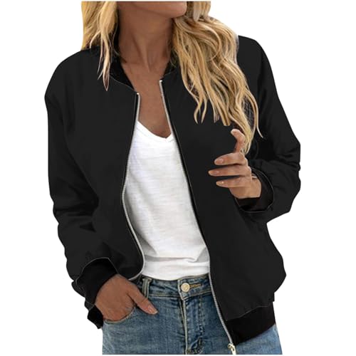 Image of TURWXGSO Bomber Jacket Women Lightweight Flight Jackets Long Sleeve Zip Up Baseball Coat Windbreaker Coats Casual Solid Quilted Coat with Pockets Outdoor Outerwear Plus Size UK 8-22