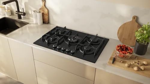 NEFF, N70, T27PIQ4S0, Piano cottura a gas da 75 cm con 5 fuochi, bruciatore wok da 4,0 kW, FlameSelect ottimizzato, 5 supporti per pentole in ghisa lavabili in lavastoviglie, quadranti spada metallici