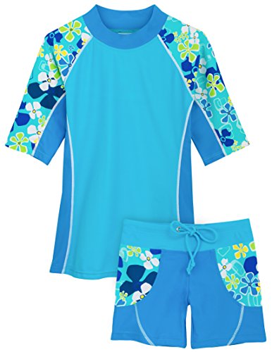 Tuga Girls Two-Piece Short Sleeve Swimsuit Set 2-14Years, UPF 50+ Sun Protection