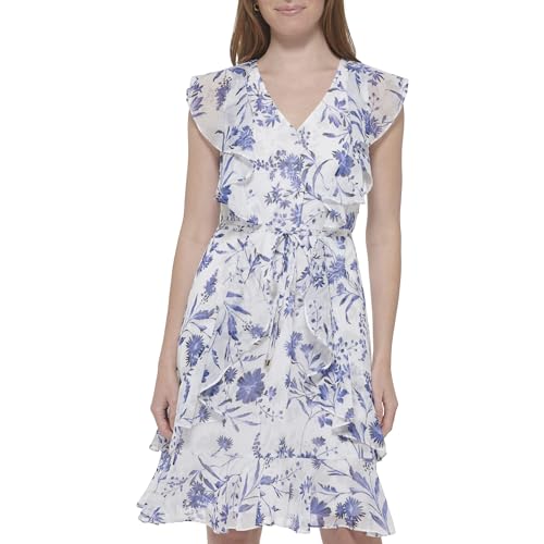 Image of Tommy Hilfiger Women's Sleeveless V-Neck Ruffle Trim Tie Waist Chiffon Mini Dress