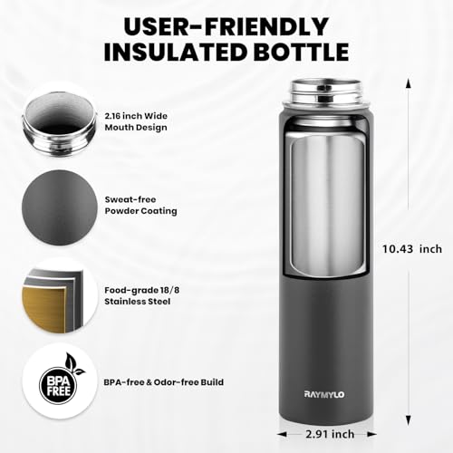 Image of RAYMYLO Insulated Water Bottle 24 oz, Triple Wall Vacuum Stainless Steel (Cold for 24Hrs, Hot for 12Hrs), Leak Proof & Non-BPA, Modern Water Flask Jug with Paracord Handle & Straw Spout Lids
