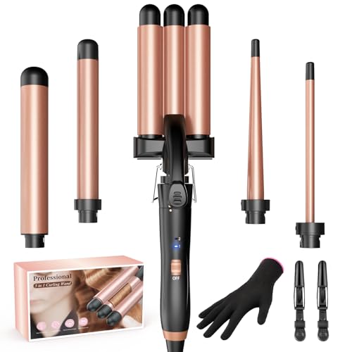 BESTOPE MIX Ferro Arricciacapelli 5 in 1 Set, Ferro Arricciacapelli Rivestimento in Ceramica, Piastra Onde per Capelli 2 Température150/210°C, Piastra per Onde con Ferri di Diverso Diametro